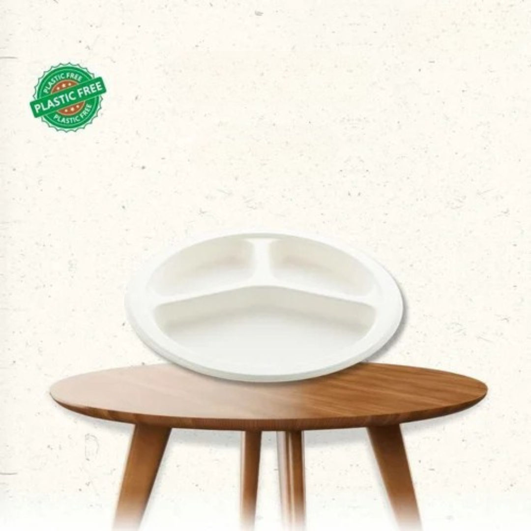 Bagasse 9 Inch 3 Compartment Round Plate By Biodegradable